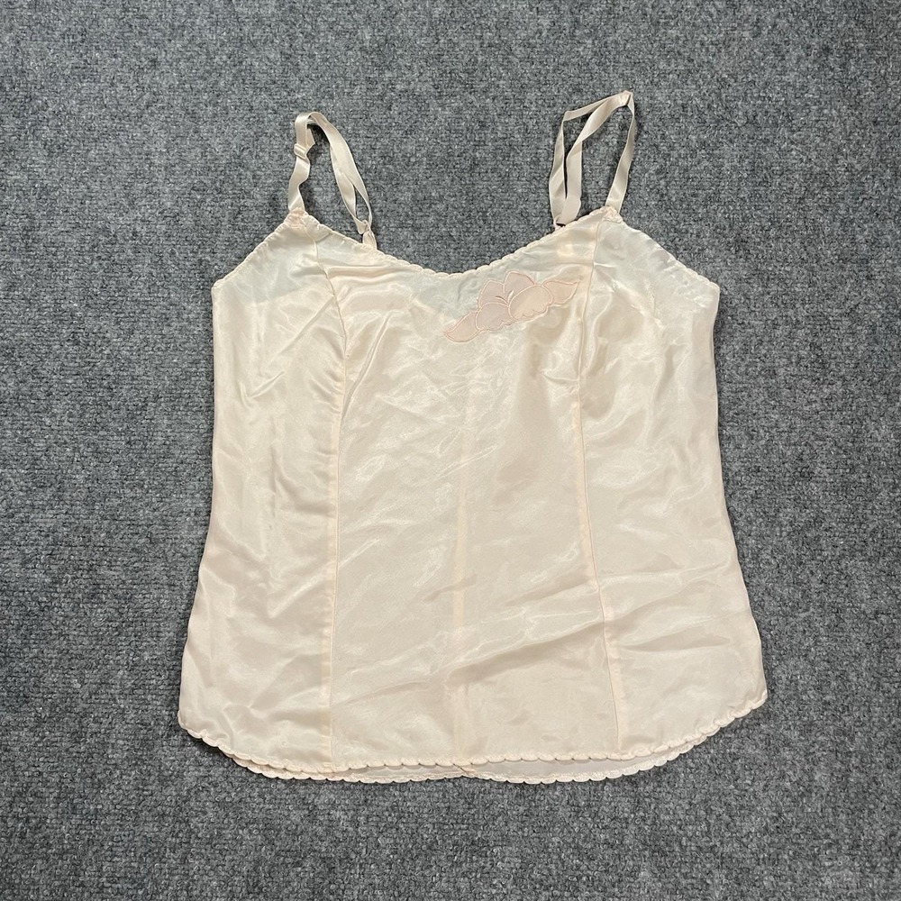 Bali Camisole Women Size 34 Peach Vintage Satin Adjustable Strap Floral Applique